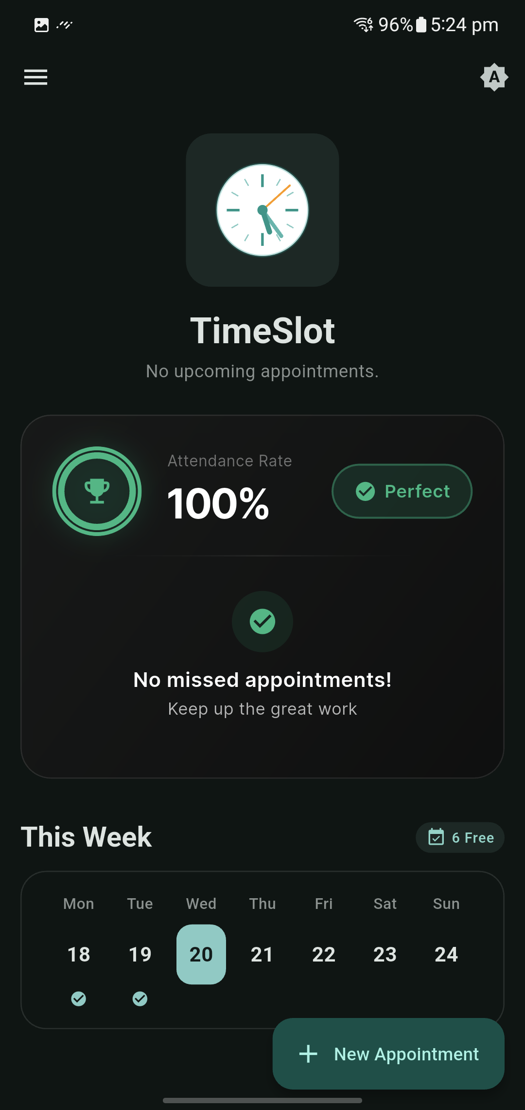 TimeSlot Home Screen (Dark Mode)