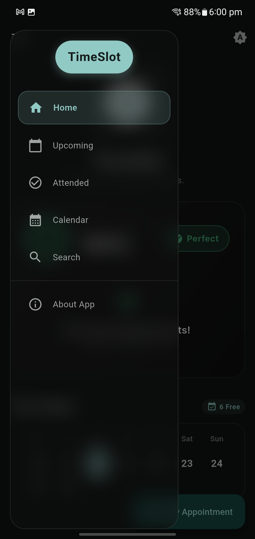 TimeSlot App Menu (Dark Mode)
