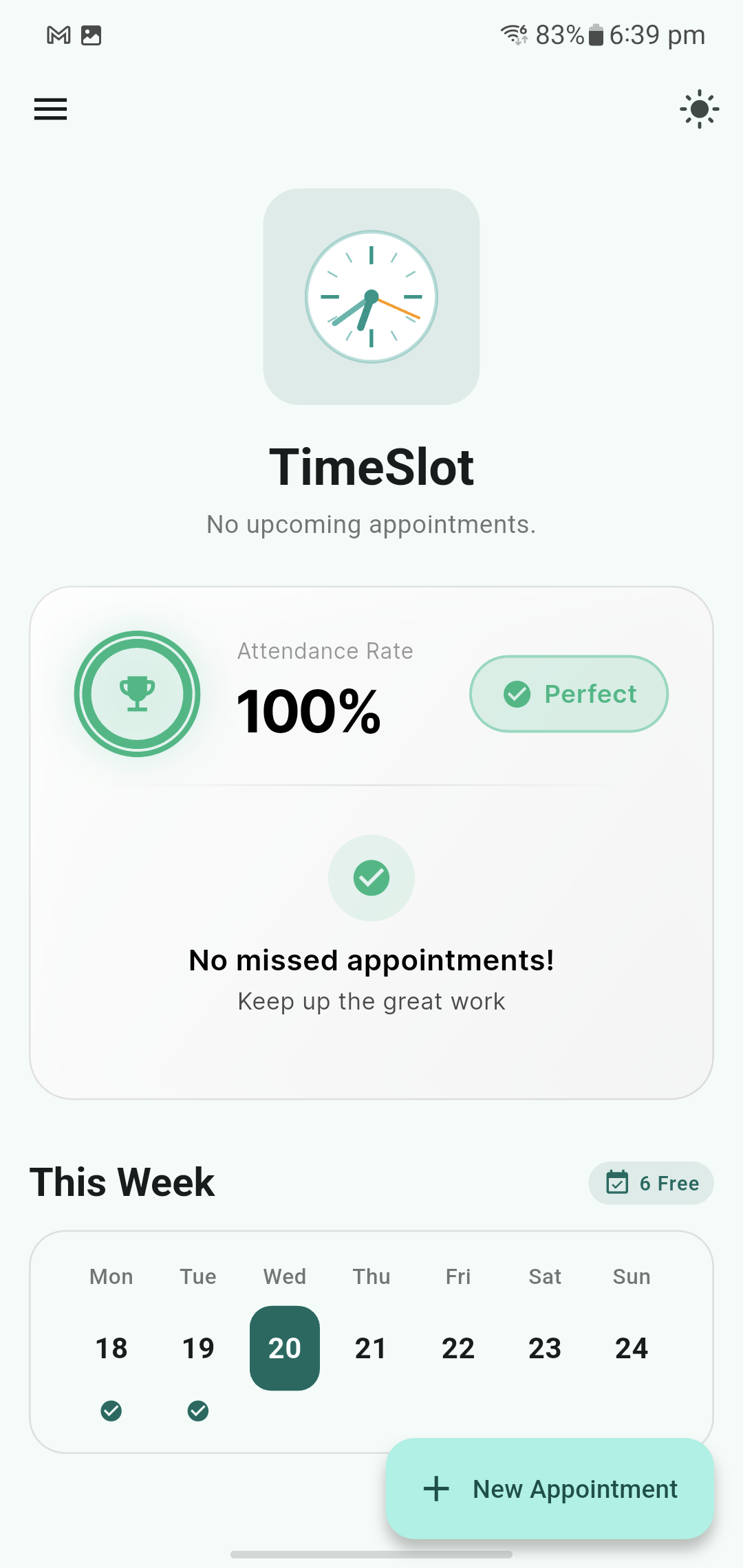 TimeSlot Home Screen (Light Mode)