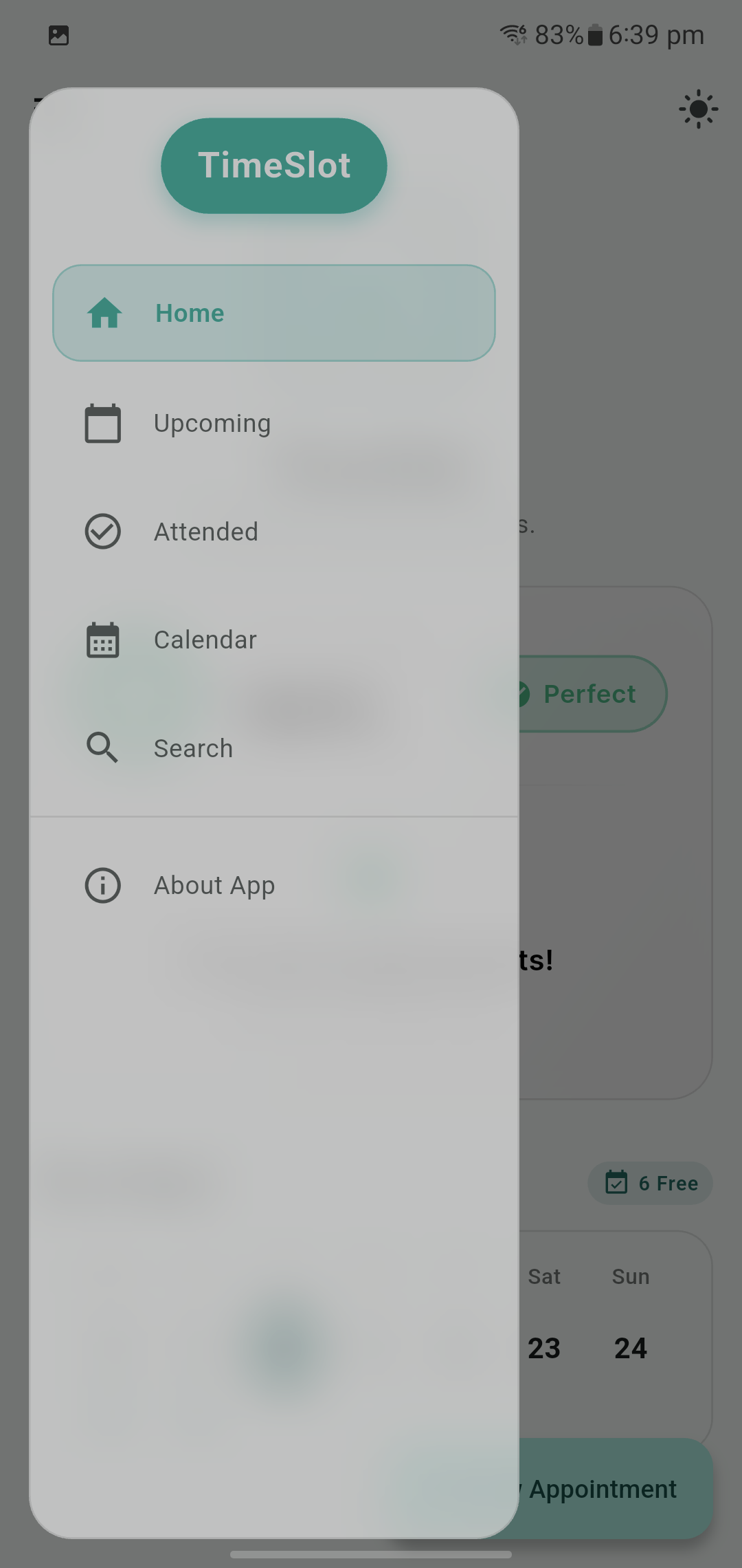 TimeSlot App Menu (Light Mode)